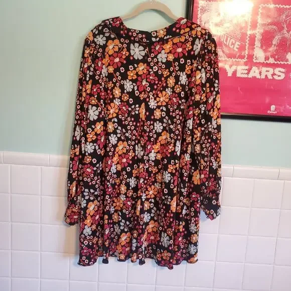 Free People Daisy Jane Long Sleeve Mini Dress Flowy Loose Fit Black Floral - Picture 10 of 13